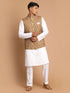Vastramay Men's Multicolour-Base-Green Cotton Nehru Jacket  With White Cotton Pant